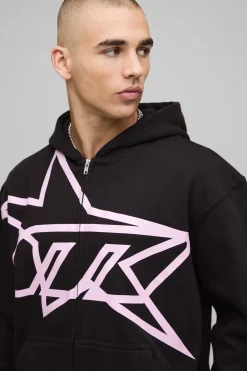 Sweat à capuche zippé oversized à coupe boxy et imprimé étoilé