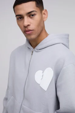 boohooMAN Sweat à capuche zippé oversize à imprimé de cœurs en relief et coupe boxy<Homme Sweats À Capuche Et Sweatshirts|Sweats À Capuche Et Sweats