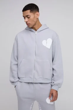 boohooMAN Sweat à capuche zippé oversize à imprimé de cœurs en relief et coupe boxy<Homme Sweats À Capuche Et Sweatshirts|Sweats À Capuche Et Sweats