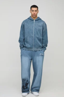 boohooMAN Sweat à capuche zippé oversize à imprimé graphique délavé<Homme Sweats À Capuche Et Sweatshirts|Sweats À Capuche Et Sweats