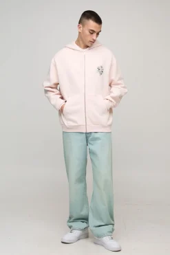 Sweat à capuche zippé oversize à motif floral et imprimé en relief
