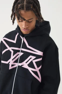 Sweat à capuche zippé surdimensionné, style boxy, imprimé à étoiles