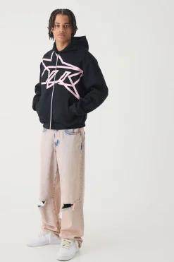 Sweat à capuche zippé surdimensionné, style boxy, imprimé à étoiles