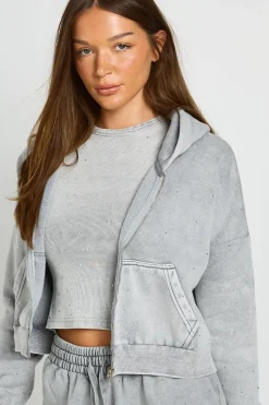 boohoo Sweat À Casynthétiqueche Boxy Zippé Effet Délavé À Clous<Femme Sweats À Capuche Et Sweats|Athleisure