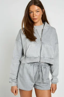 boohoo Sweat À Casynthétiqueche Boxy Zippé Effet Délavé À Clous<Femme Sweats À Capuche Et Sweats|Athleisure