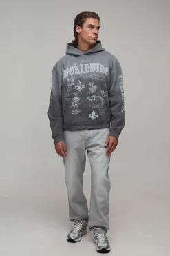Sweat À Casynthétiqueche Charbon Oversize Ample Imprimé Graffiti Gothique Effet Spray Délavé
