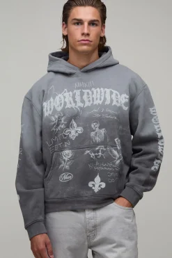 Sweat À Casynthétiqueche Charbon Oversize Ample Imprimé Graffiti Gothique Effet Spray Délavé