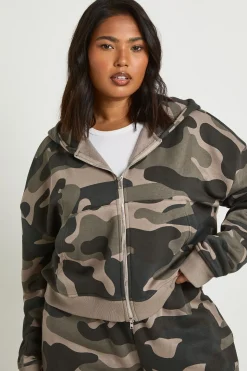 Sweat À Casynthétiqueche Court Ajusté Zippé Imprimé Camouflage Grande Taille