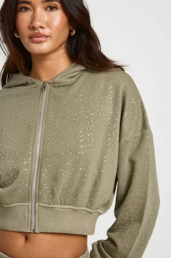 Sweat À Casynthétiqueche Court Boxy Zippé Effet Délavé À Strass