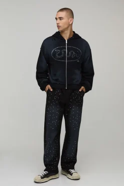 Sweat À Casynthétiqueche Court Boxy Délavé Usé À Strass