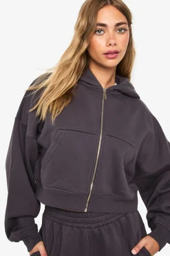 boohoo Sweat À Casynthétiqueche Court Boxy À Manches Ballon Et Fermeture Zippée Oversize Petite<Femme Sweats À Capuche Et Sweatshirts|Basiques