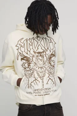 Sweat À Casynthétiqueche Écru Oversize Boxy Avec Imprimé Aigle Et Fermeture Zippée