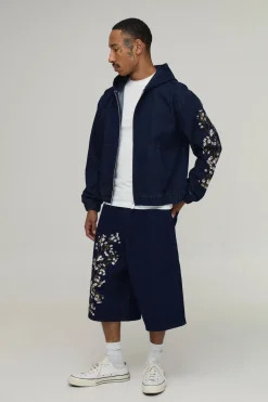 Sweat À Casynthétiqueche En Denim Oversize Brodé De Fleurs