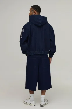 Sweat À Casynthétiqueche En Denim Oversize Brodé De Fleurs