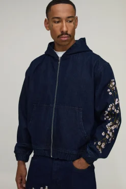 Sweat À Casynthétiqueche En Denim Oversize Brodé De Fleurs