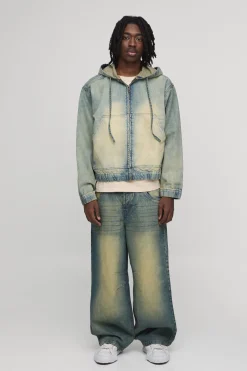 boohooMAN Sweat À Casynthétiqueche En Jean Délavé Zippé Coordonné<Homme Denim|Manteaux Et Vestes