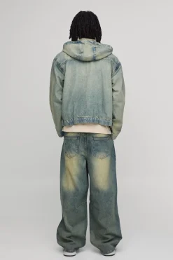 boohooMAN Sweat À Casynthétiqueche En Jean Délavé Zippé Coordonné<Homme Denim|Manteaux Et Vestes