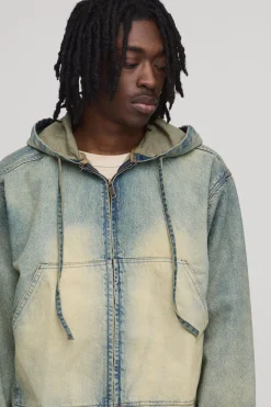 boohooMAN Sweat À Casynthétiqueche En Jean Délavé Zippé Coordonné<Homme Denim|Manteaux Et Vestes