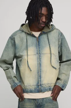 boohooMAN Sweat À Casynthétiqueche En Jean Délavé Zippé Coordonné<Homme Denim|Manteaux Et Vestes