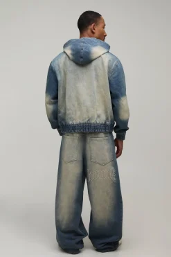 boohooMAN Sweat À Casynthétiqueche En Jean Délavé Brodé Avec Fermeture Éclair Coordonné<Homme Denim|Manteaux Et Vestes