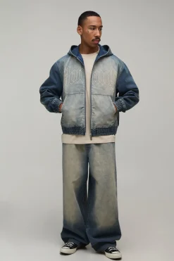 boohooMAN Sweat À Casynthétiqueche En Jean Délavé Brodé Avec Fermeture Éclair Coordonné<Homme Denim|Manteaux Et Vestes