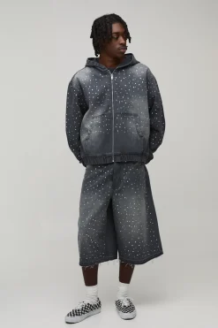 boohooMAN Sweat À Casynthétiqueche En Jean Délavé Oversize Boxy Avec Strass Et Fermeture Éclair<Homme Denim|Ensembles Grandes Tailles