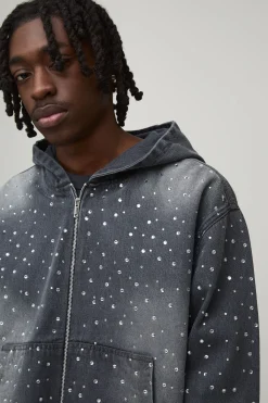 boohooMAN Sweat À Casynthétiqueche En Jean Délavé Oversize Boxy Avec Strass Et Fermeture Éclair<Homme Denim|Ensembles Grandes Tailles