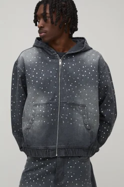 boohooMAN Sweat À Casynthétiqueche En Jean Délavé Oversize Boxy Avec Strass Et Fermeture Éclair<Homme Denim|Ensembles Grandes Tailles