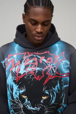 Sweat à Casynthétiqueche Graphique Panthère Oversize Délavé avec Coutures Apparentes