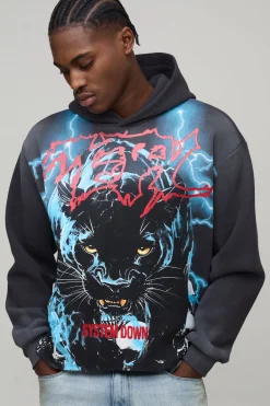 Sweat à Casynthétiqueche Graphique Panthère Oversize Délavé avec Coutures Apparentes