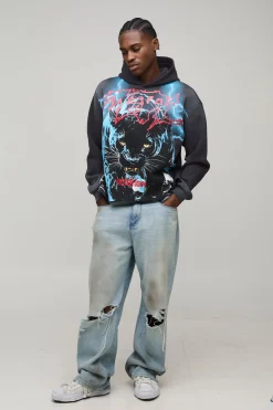 Sweat à Casynthétiqueche Graphique Panthère Oversize Délavé avec Coutures Apparentes