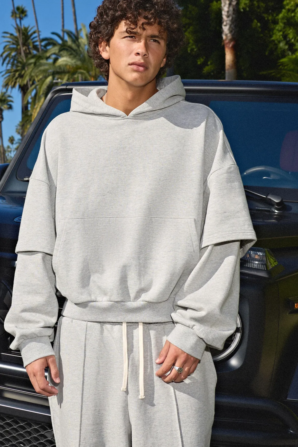 Sweat à Casynthétiqueche 500GSM Poids Lourd Coupe Boxy Épaules Tombantes Manches Effet Superposition