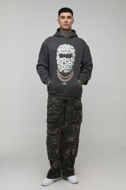 Sweat à Casynthétiqueche Imprimé Délavé Marguerite Masque de Ski Homme Oversize Grande Taille