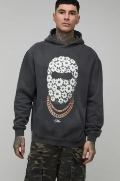 Sweat à Casynthétiqueche Imprimé Délavé Marguerite Masque de Ski Homme Oversize Grande Taille