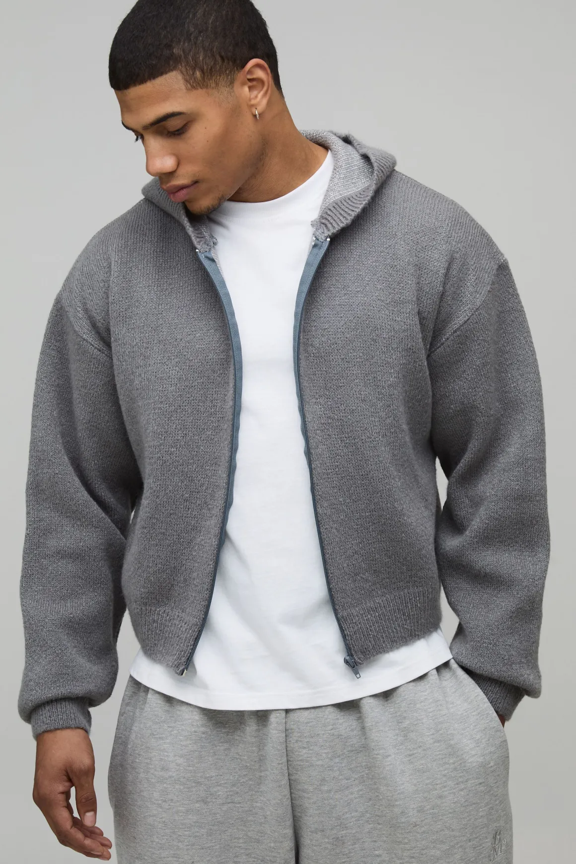 Sweat à Casynthétiqueche Jacquard Tricoté Boxy avec Zip et Finition Brossée