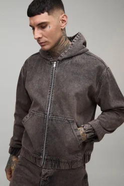 Sweat À Casynthétiqueche Long En Denim Délavé Avec Fermeture Éclair