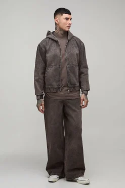 Sweat À Casynthétiqueche Long En Denim Délavé Avec Fermeture Éclair