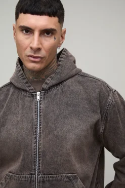 Sweat À Casynthétiqueche Long En Denim Délavé Avec Fermeture Éclair