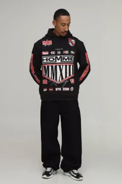 Sweat À Casynthétiqueche Noir Oversize Imprimé Écusson Moto
