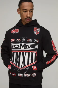 Sweat À Casynthétiqueche Noir Oversize Imprimé Écusson Moto