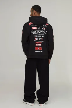 Sweat À Casynthétiqueche Noir Oversize Imprimé Écusson Moto