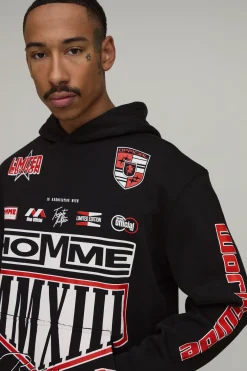 Sweat À Casynthétiqueche Noir Oversize Imprimé Écusson Moto