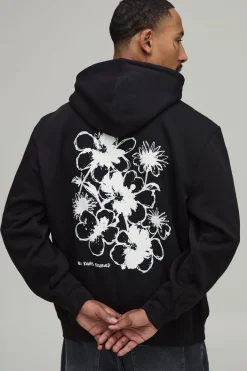 Sweat À Casynthétiqueche Noir Oversize À Imprimé Floral Esquissé
