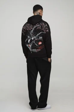 Sweat à Casynthétiqueche Oversize Noir avec Imprimé Araignée sur Couture