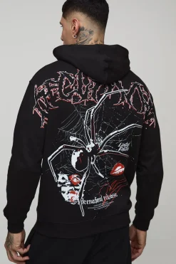 Sweat à Casynthétiqueche Oversize Noir avec Imprimé Araignée sur Couture