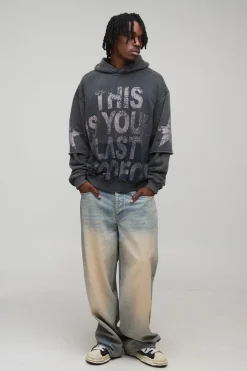 boohooMAN Sweat à Casynthétiqueche Oversize Boxy Imprimé "Your Last Rodeo" Délavé Tall<Homme Tout Afficher|Sweats À Capuche Tall