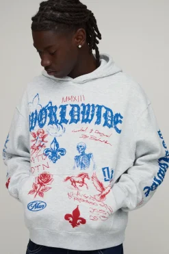 Sweat À Casynthétiqueche Oversize Ample Gris Chiné Imprimé Graffiti Gothique