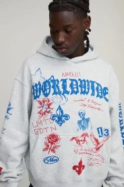Sweat À Casynthétiqueche Oversize Ample Gris Chiné Imprimé Graffiti Gothique
