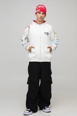 boohooMAN Sweat à Casynthétiqueche Oversize Zippé à Manches Imprimées Doodle<Homme Sweats À Capuche Et Sweatshirts|Sweats À Capuche Et Sweats
