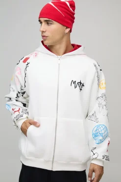 boohooMAN Sweat à Casynthétiqueche Oversize Zippé à Manches Imprimées Doodle<Homme Sweats À Capuche Et Sweatshirts|Sweats À Capuche Et Sweats